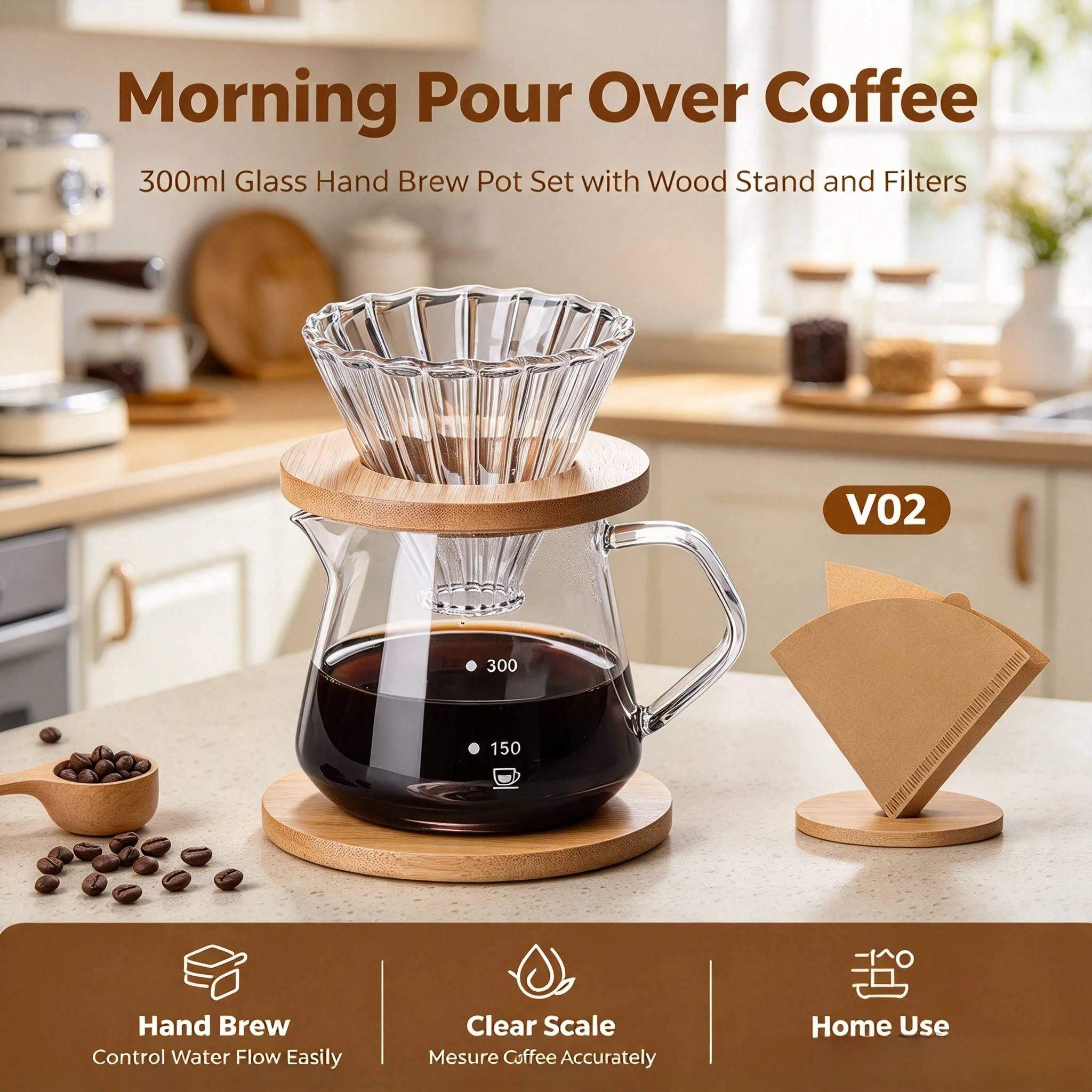 Coffee Filter Cup With Wood Stand 300ml/600ml Coffee Machine Hand Brew Coffee Pot Set Coffee Maker Cup Accessories