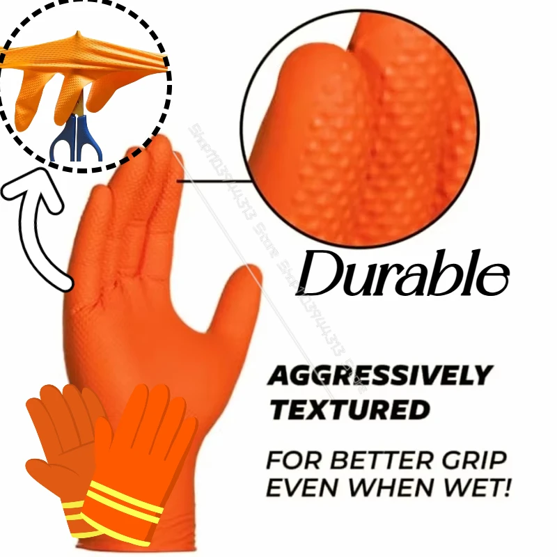 

Heavy Duty Orange Nitrile Gloves 8mil Industrial Disposable Gloves With Diamond Textured Grip For Mechanic Safety & Work Gloves