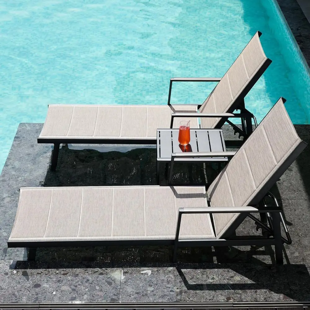 

Outdoor Lounge Chairs Set o 3, 2 Patio Chaise Lounge Chair + 1 Side Table, UV-Resistant, 6-Position Adjustable Patio Reclining C