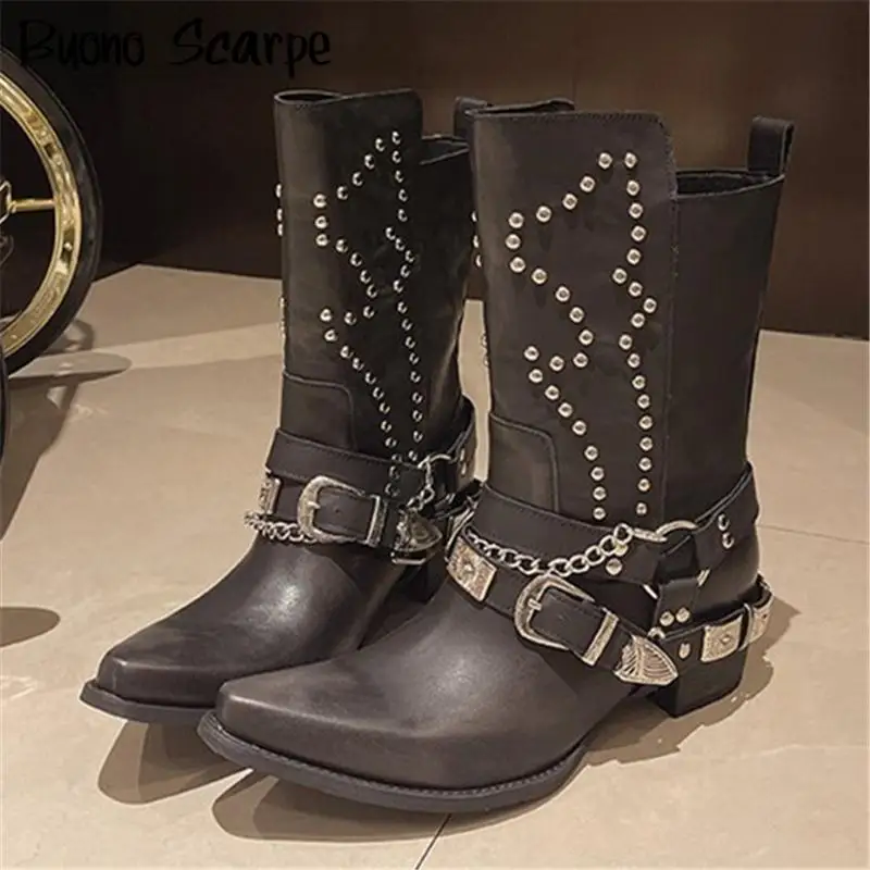 Pointed Toe Rivet Western Cowboy Boots Women Punk Style Large Size Belt Buckle Motocycle Boots Spice Girl Metal Ankle Botas New