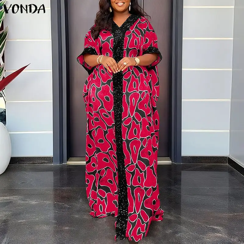 

Plus Size 5XL VONDA Bohemian Maxi Dress For Women Autumn V-Neck Sequin Splicing Long Sundress Vintage Print Casual Fashion Robe