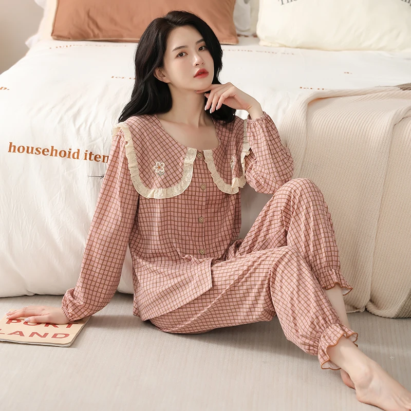 

Young Girls Pajamas Set Modal Cotton Plaid Print Pyjamas Women Lace Long Sleeve Shirt+Pants Princess Style Doll Collar Sleepwear