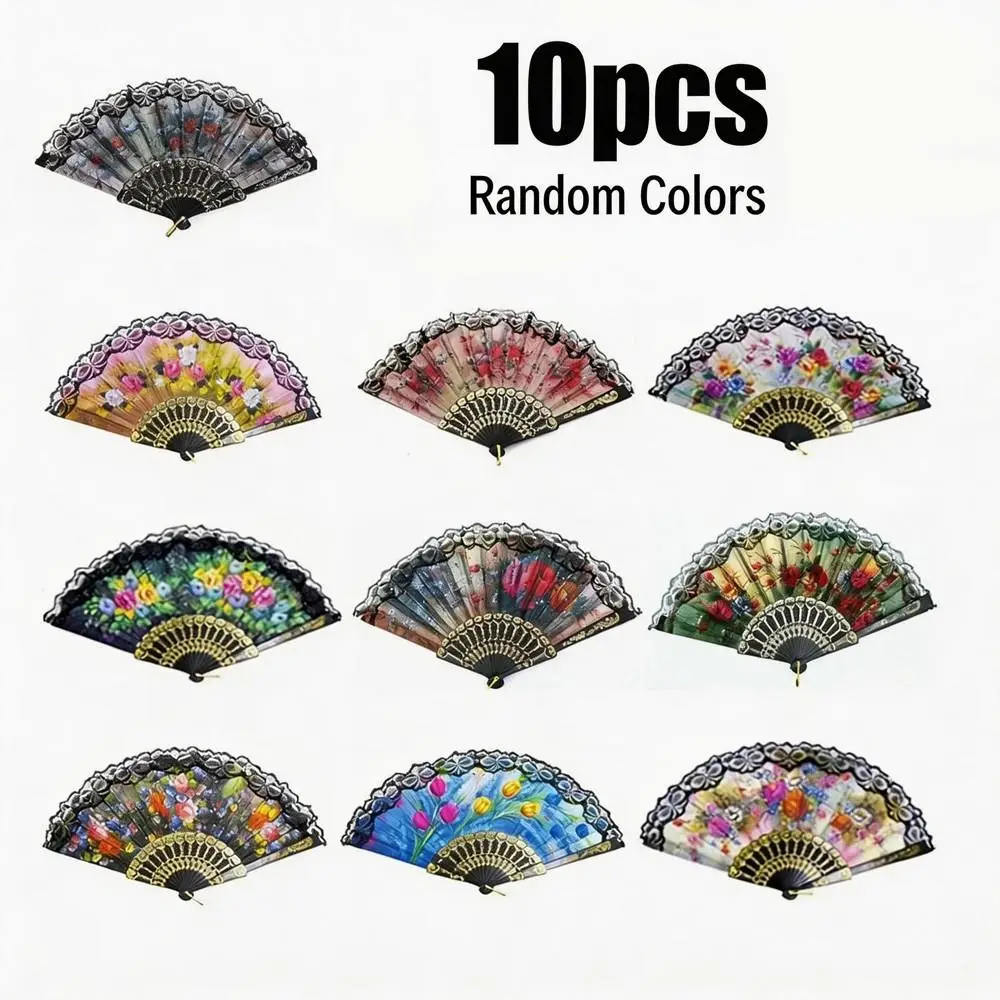 Floral Pattern Hand Fan, 10pcs/set Random Color Folding Fan, Vintage Fan for Dance Performances, Photo Props, Home Decor