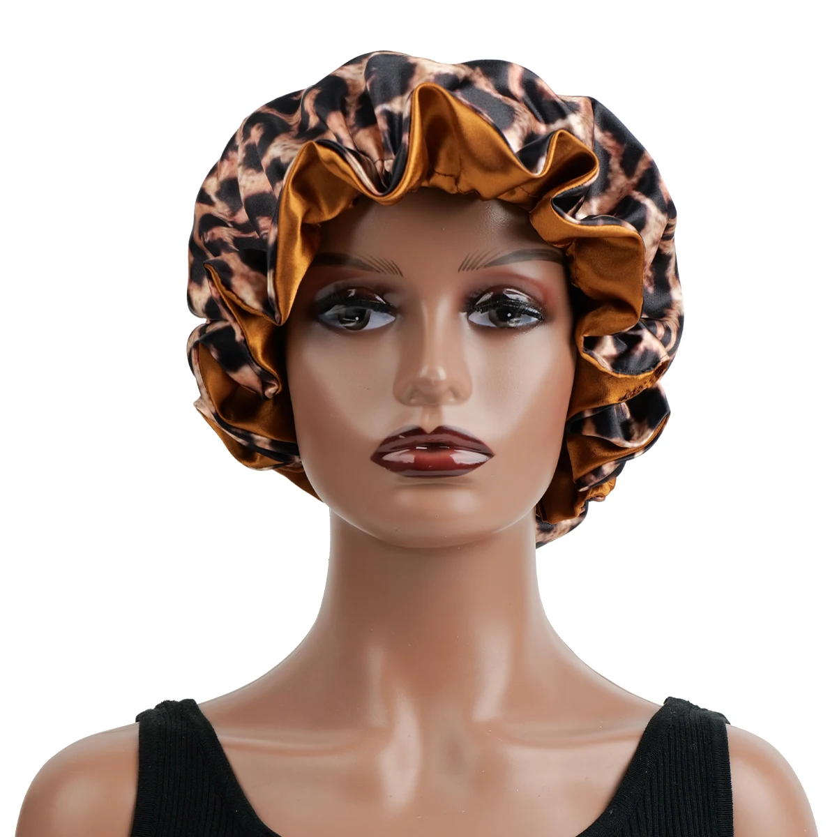 1PC Leopard Print Satin Silk Bonnet Double Layer Sleep Cap Comfortable Casual Hair Care Hat for Daily Use