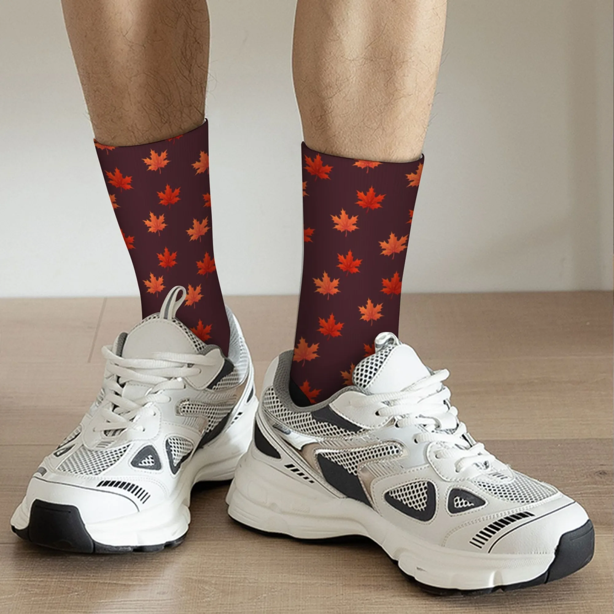 A pair of women's casual mid-calf socks for autumn and winter featuring a fun retro maple leaf pattern sweet and comfortable