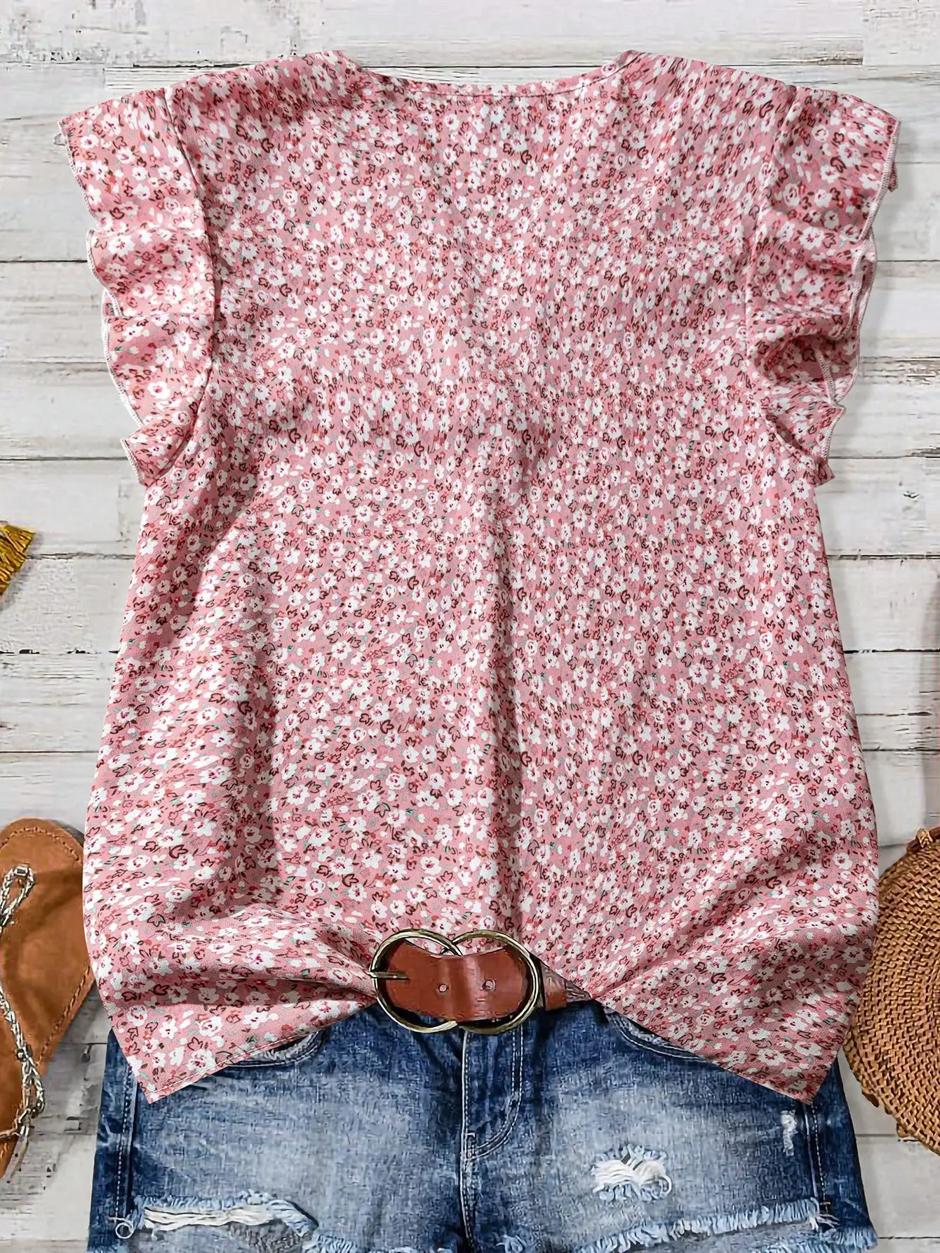 

Pink Floral Ruffle Sleeve Button Up Blouse Women Casual Loose Summer Top