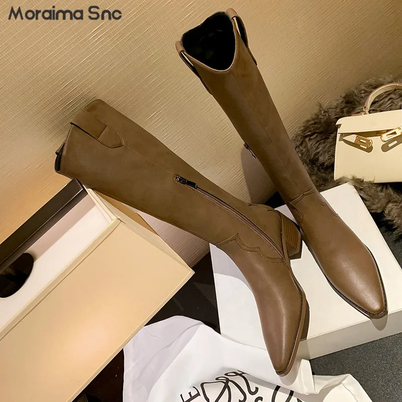 

Retro Brown Knee-High Boots Pointed Toe Leather Thick Heel Western Cowboy Boots Pointed Toe Square Root Cool Knight Boots