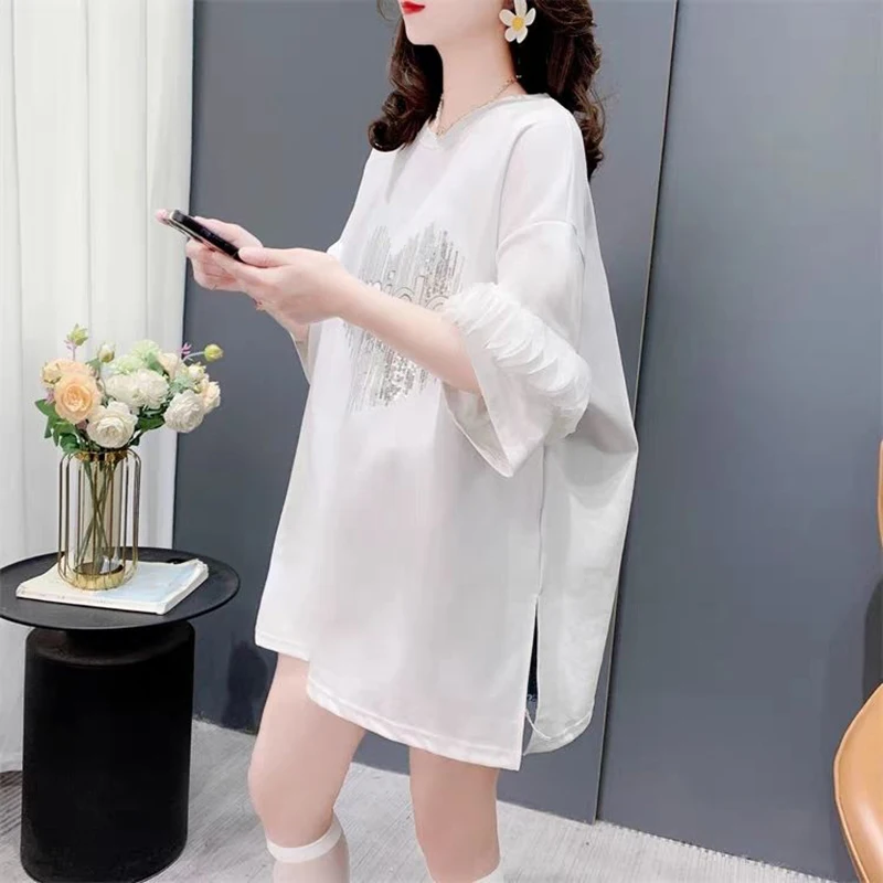 Fashion O-Neck Spliced Ruffles Split Sequined T-Shirts Female Clothing 2024 Summer New Loose Korean Tops All-match Tee Shirt