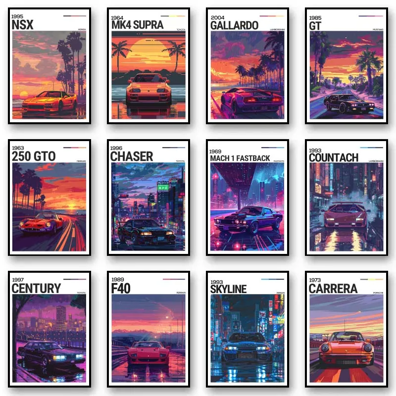 1pc frameless Canvas Painting Neon Sports Car AE86 M3 F40 Skyline E-type Famous Cars Poster Street Cars Canvas Painting Wall Art