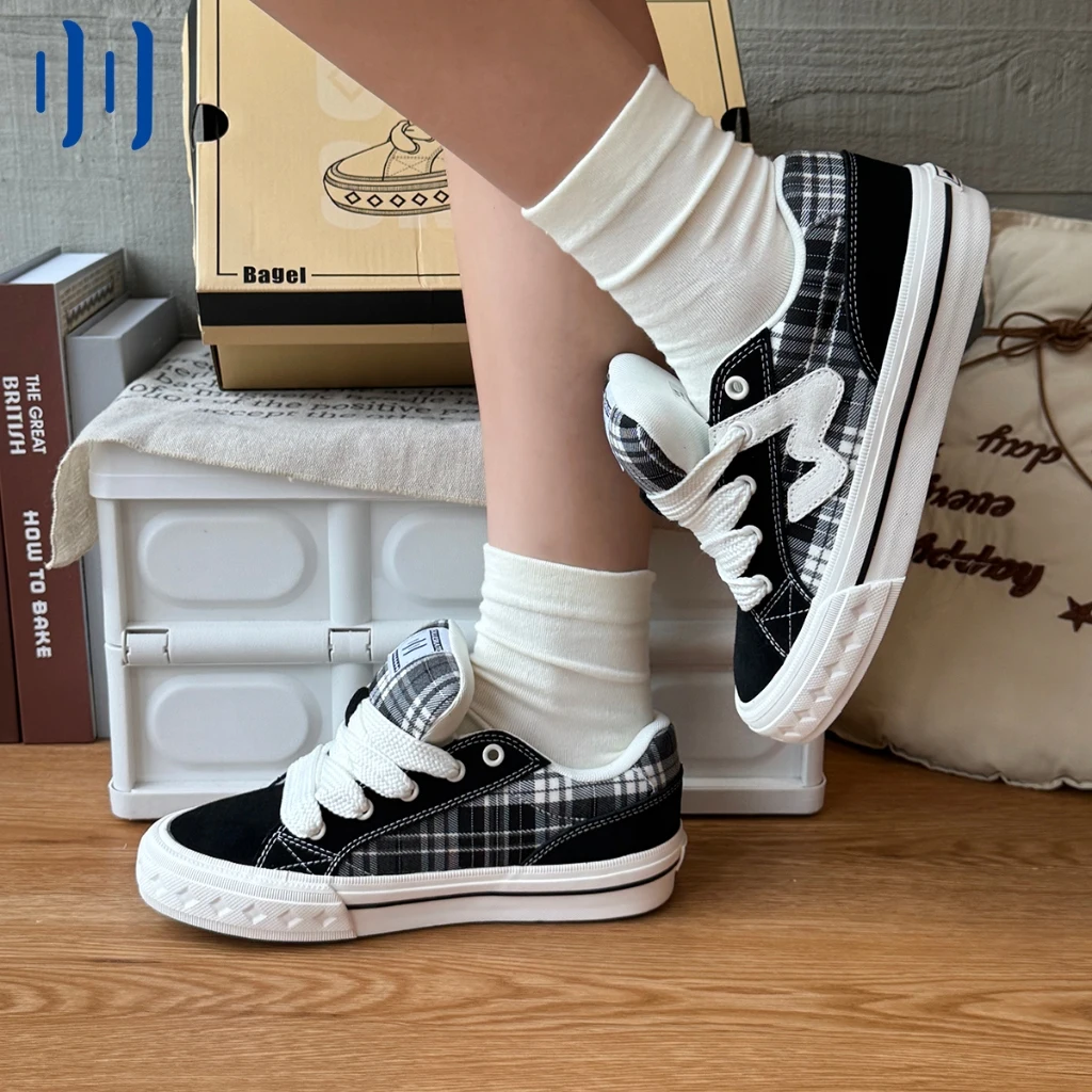 Ollieskate Denim Plaid Patchwork Bagel Bread Skateboard Shoes Wear Resistant Support Casual Sneakers Unisex For Men Women