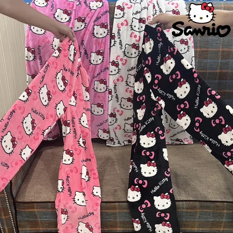 Flannel Pajamas Hello Kitty Thickened Fleece Warm Casual Home Pants Women\'s Autumn Winter Cartoon Hip Hop Trousers