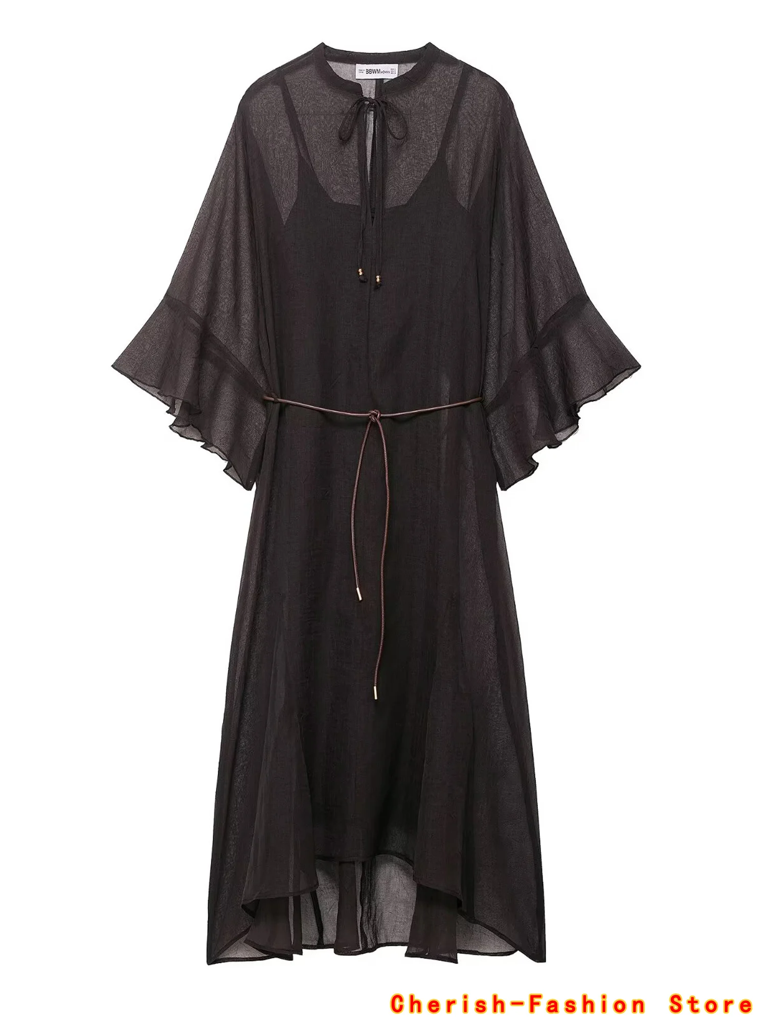 Ruffle Lange Jurken voor Vrouwen Fee Ruches Merk Jurk Vrouwen Lente Semi Sheer Dames Jurken Losse Party Damesjurk