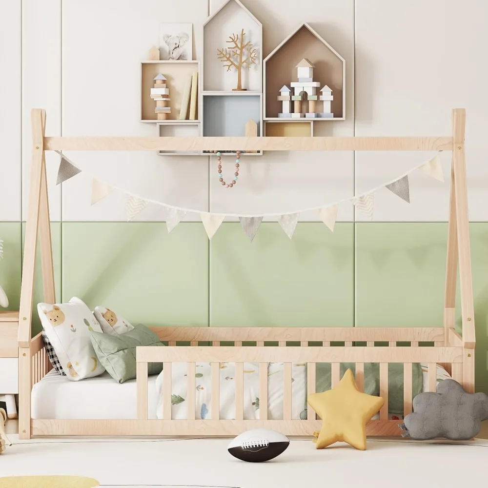 Floor Bed for Kids, Teepee Tent Beds, Montessori Floor Bed with Slats and Fence Rails, Wood House Bed Frame for Boys Girls