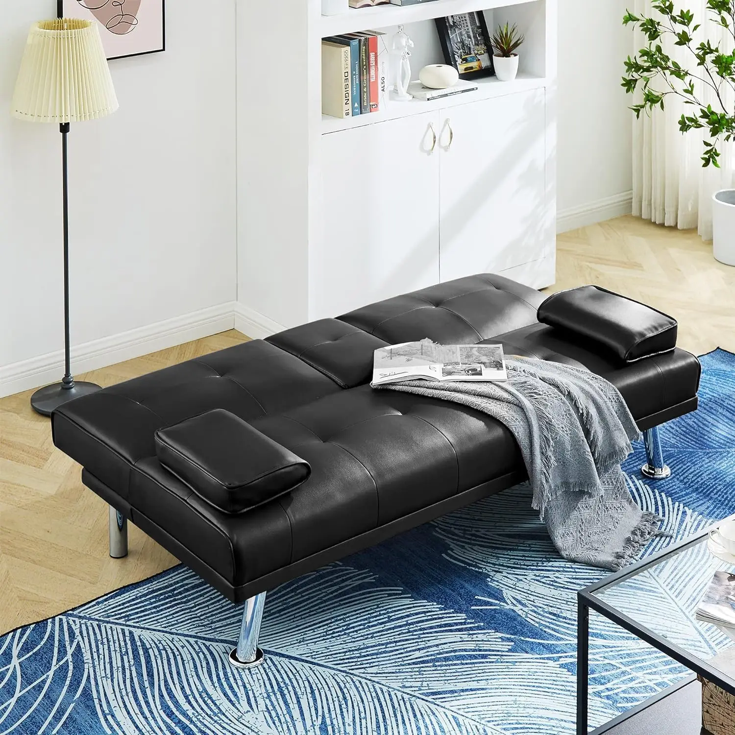 Divano letto futon convertibile, divano letto moderno imbottito in pelle PU con braccioli rimovibili