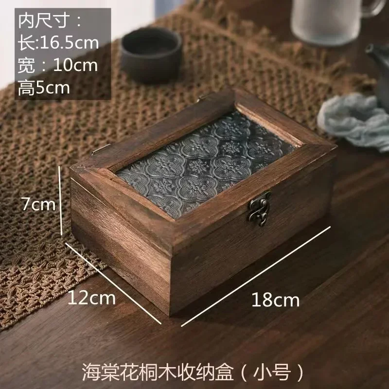 Haitang Flower Glass Storage Box Vintage Solid Wood Storage Cabinet Desktop Sorting Flipping Wooden BOX Makeup Table Decoration