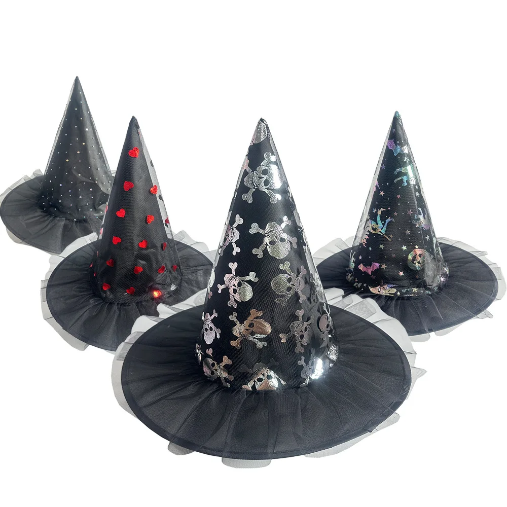 Ghost Festival Witch Hat Halloween Mesh Print Witch Hat Masquerade Wizard Hat Cosplay Costume Party Decor