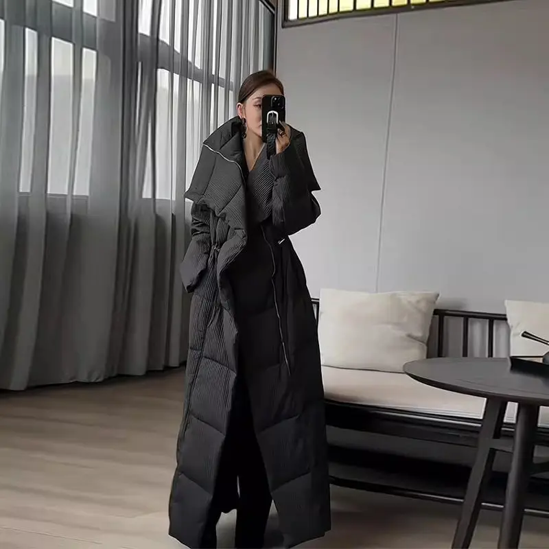 Winter Big Turn Down Collar Long Down Jacket Drawstring Striped Thick Knee Length Overcoat Warm White Duck Jacket Women JJ1071
