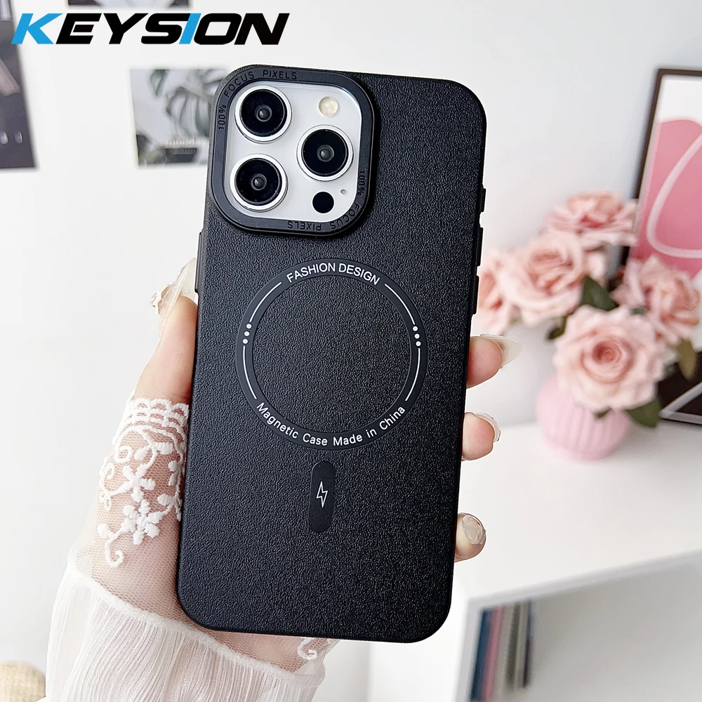 

KEYSION Matte Leather Texture Hard PC Phone Case for MagSafe for iPhone 13 14 15 16 Pro Max 15 16 Plus Magnetic Shockproof Cover