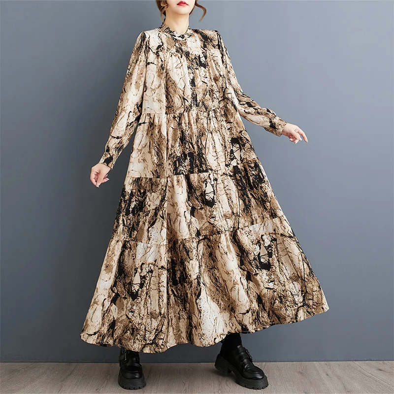 Retro Tie Dye Inktprint Lange Dr Plus Size Dames Faion Lente Herfst f Open Kraag Ele A-lijn Rok Dr