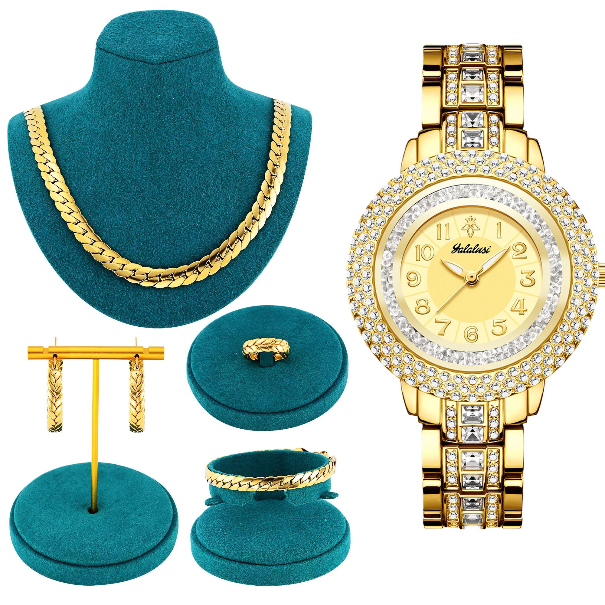 Ladies’ Light Luxury Diamond-Studded Watch, Wheat-Ear Necklace, Earrings and Bracelet – Five-Piece Gift Set of Jewellery reloj