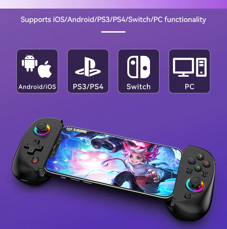 AIBOWEY D8 Game Controller RGB Light Mobile Phone Gamepad with Turbo/6-axis Gyro/Vibration for Android iOS PS3 PS4 Switch PC