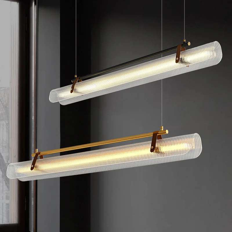 

Designer Restaurant Pendent Lamp Modern Simple Tea Room Dining Table Bar Counter One Word Office Leather Long Strip Droplight