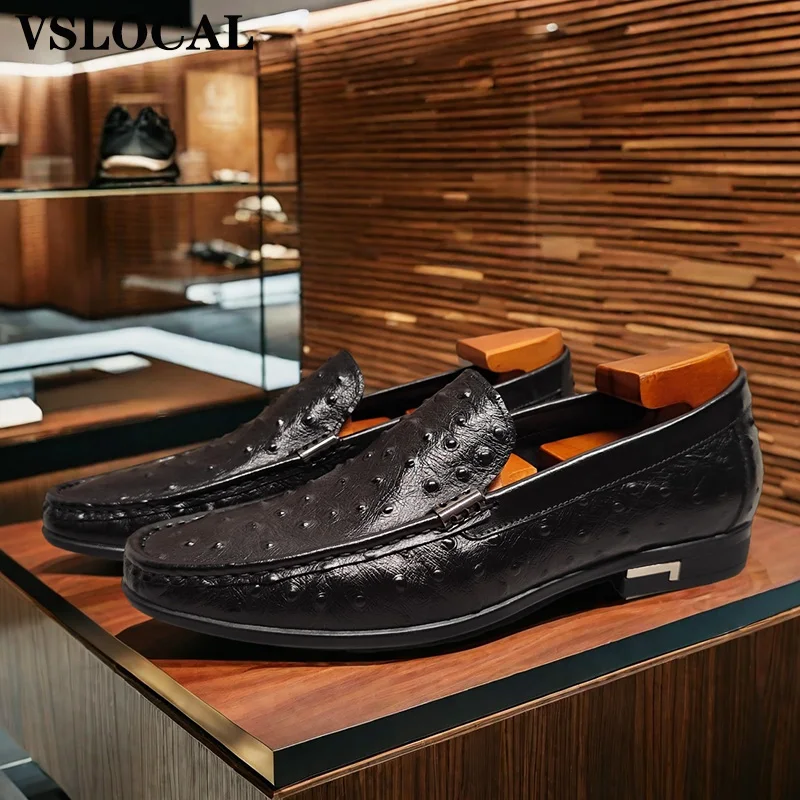 

Italian Genuine Leather Men Shoes Black Brown Ostrich Prints Slip on Casual Mens Dress Shoes Wedding Office Loafers Men