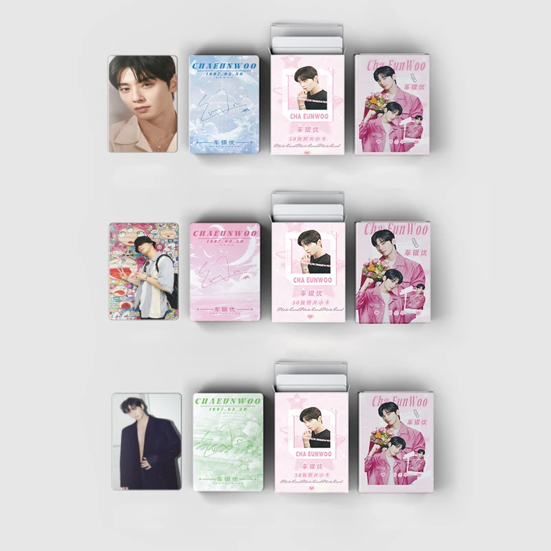 50 pçs/set kpop cha eunwoo laser photocards lados duplos moda ins lomo cartões selfie cartões postais fãs coleção de aniversário presentes