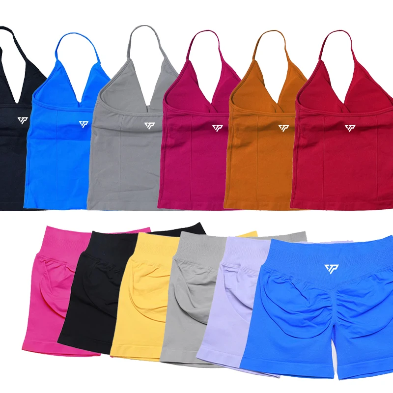 Keep That Pump 2 Piece Sets Shorts Top Womens Outfits Yoga Sets Gym Sets High Quality Seamless Lace-Up Bra Scratch Sports Sets - Image 5