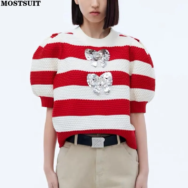 Sequins Bow Striped Sweater For Women Pullovers Summer Fashion Stylish Chic Short Sleeve O-neck Knit Tshirt Jumper Y2k Tops 2024