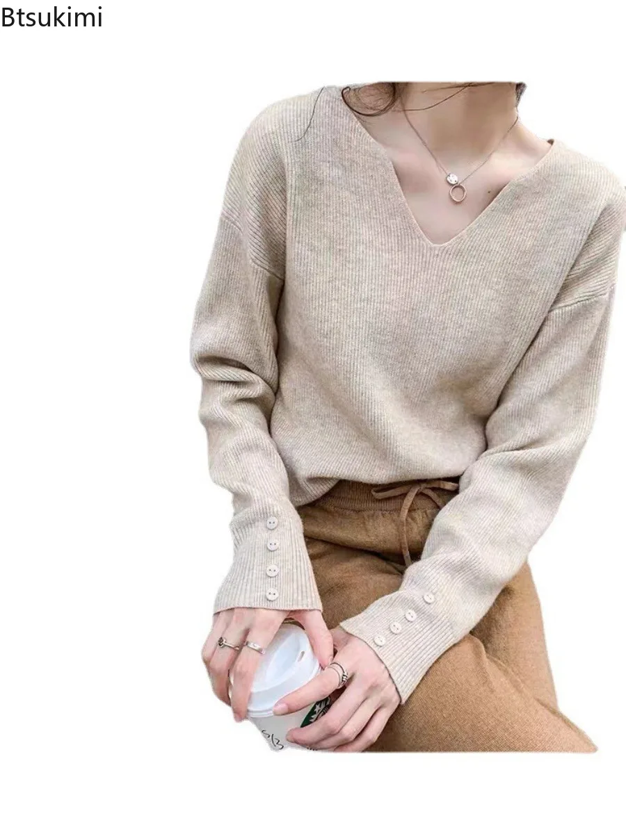 Autunno Inverno Solido Maglione con scollo a V Pullover Donna 2025 Pullover con bottoni larghi Donna Maglione morbido Maglione Moda Top versatili