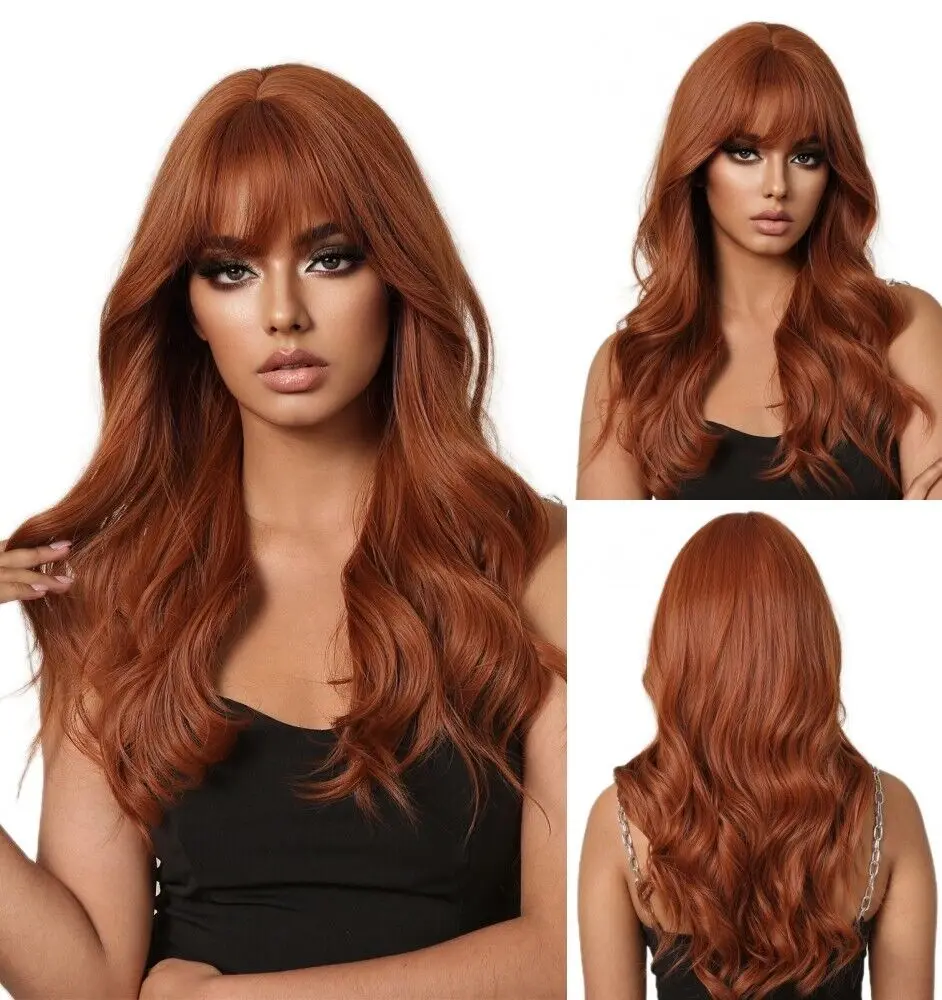 Natural Long Wavy Women Costume Wig With Fringe Copper Red Heat Resistant Hair