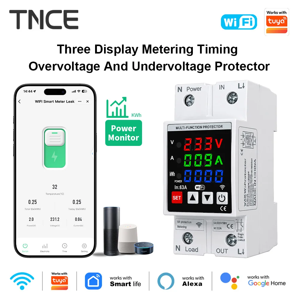 TNCE Tuya WIFI Smart Circuit Breaker  1-63A Adjustable, Current leakage, OverVoltage and UnderVoltage Protective Switch