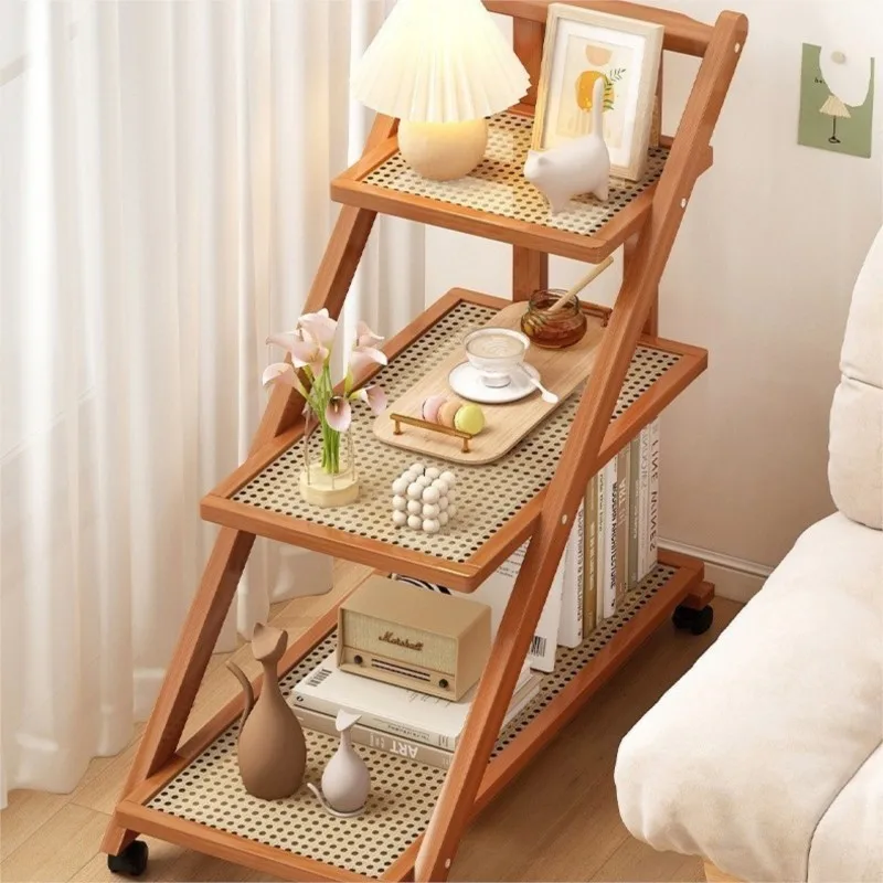 H2O Side Table Movable Coffee Table Bedside Corner Table Living Room Floor Standing Cart Storage Rack Three Layer Rattan Weaving