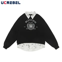 Letter Print Spliced Sweatshirts Mens Autumn High Street Lapel Patchwork Long Sleeve Loose Sweatshirts Men