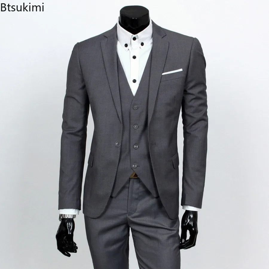 New Men\'s Fashion Korean Slim Suits Sets Solid Blazer Jacket+Vest+Pants Three Pieces Sets Men Business Wedding Groom Blazer Sets