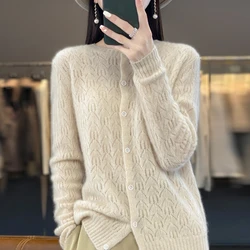 Women's Round Neck 100% Pure Wool Hollow Sweater 2024 Spring/summer New Loose Solid Color Versatile T-shirt Top Thin Style