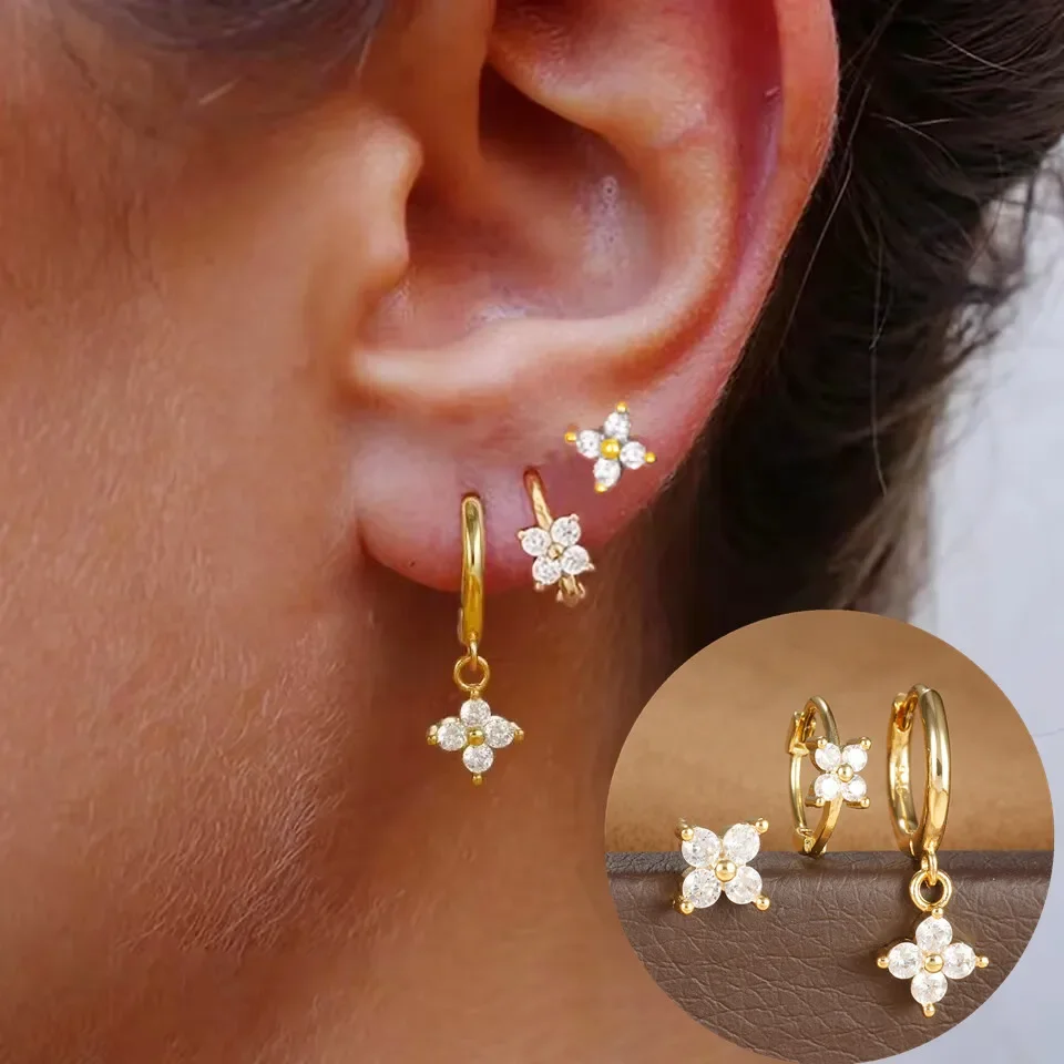 3Pcs/Set Four Leaf Flower Tragus Earring Set Crystal Huggie Earrings Bulk Cartilage Piercing Helix Jewelry Hoop Earring Lots