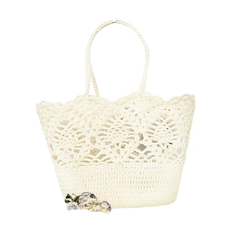 Crochet Hollow-Out Tote Bag Handmade Cotton Woven Beach Shoulder Bag Breathable Lightweight Vacation Shopping Casual