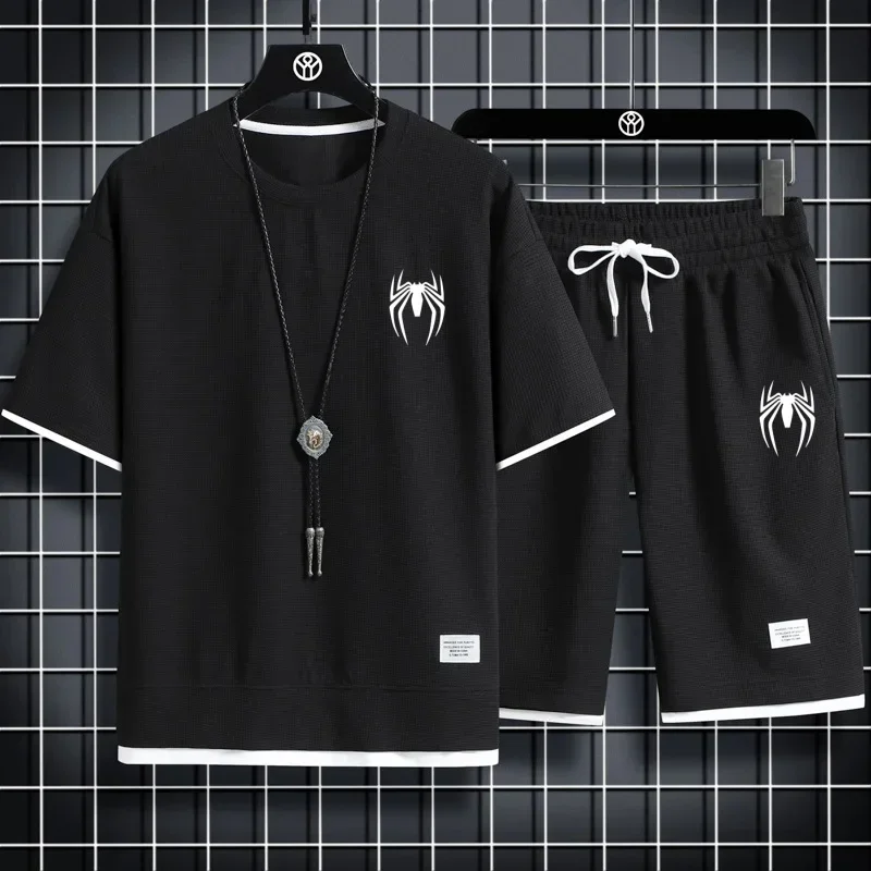 

New Summer Men's Fashion Fashion Fashion Brand Casual Sports Set Round Neck Loose Short sleeved Shorts Waffle Two Piece Set