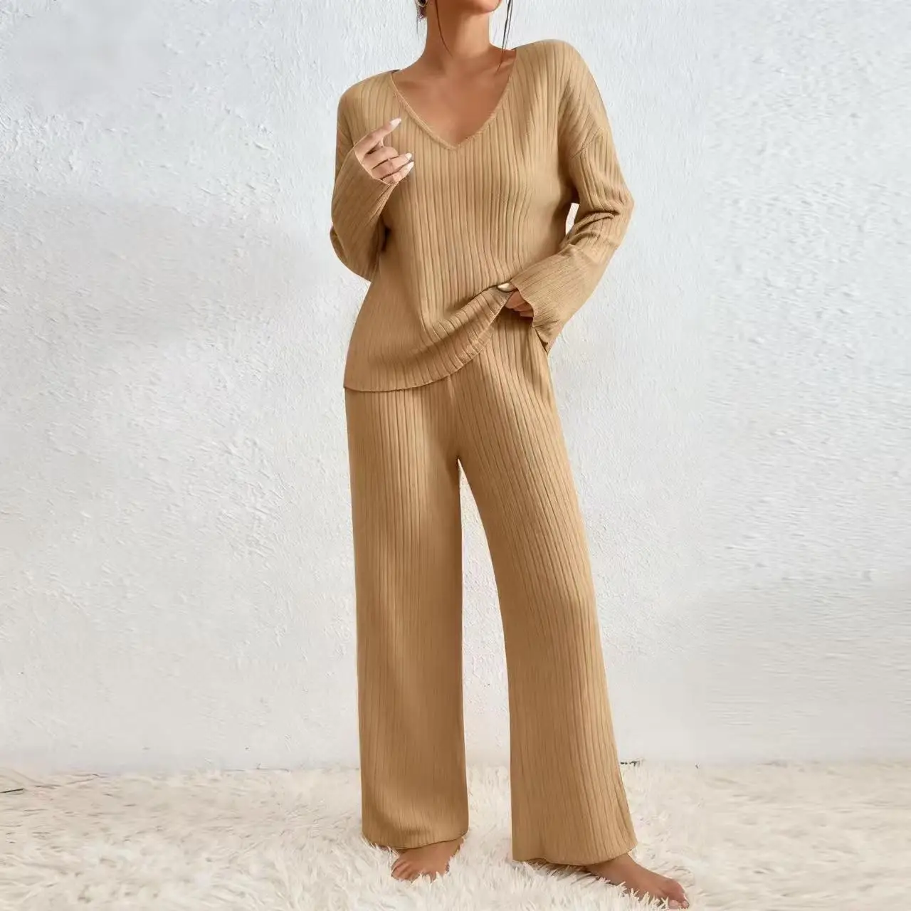 Damen Geripptes Strick-Zweiteiler-Set V-Ausschnitt Langarm-Oberteil Weite Hose Herbst Locker Lässige Loungewear Eleganter Hausanzug – Detail 5