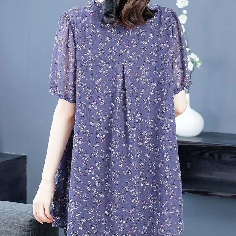 Casual Round Neck Blouse Summer Short Sleeve Folds Fashion Drawstring Bow Female Clothing Vintage Broken Flowers Loose Shirt New