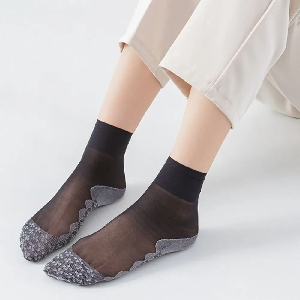 

10Pairs Transparent Crystal Silk Socks Cotton Bottom Ultra-thin Silk Sheer Ankle Sock Breathable Short Stockings
