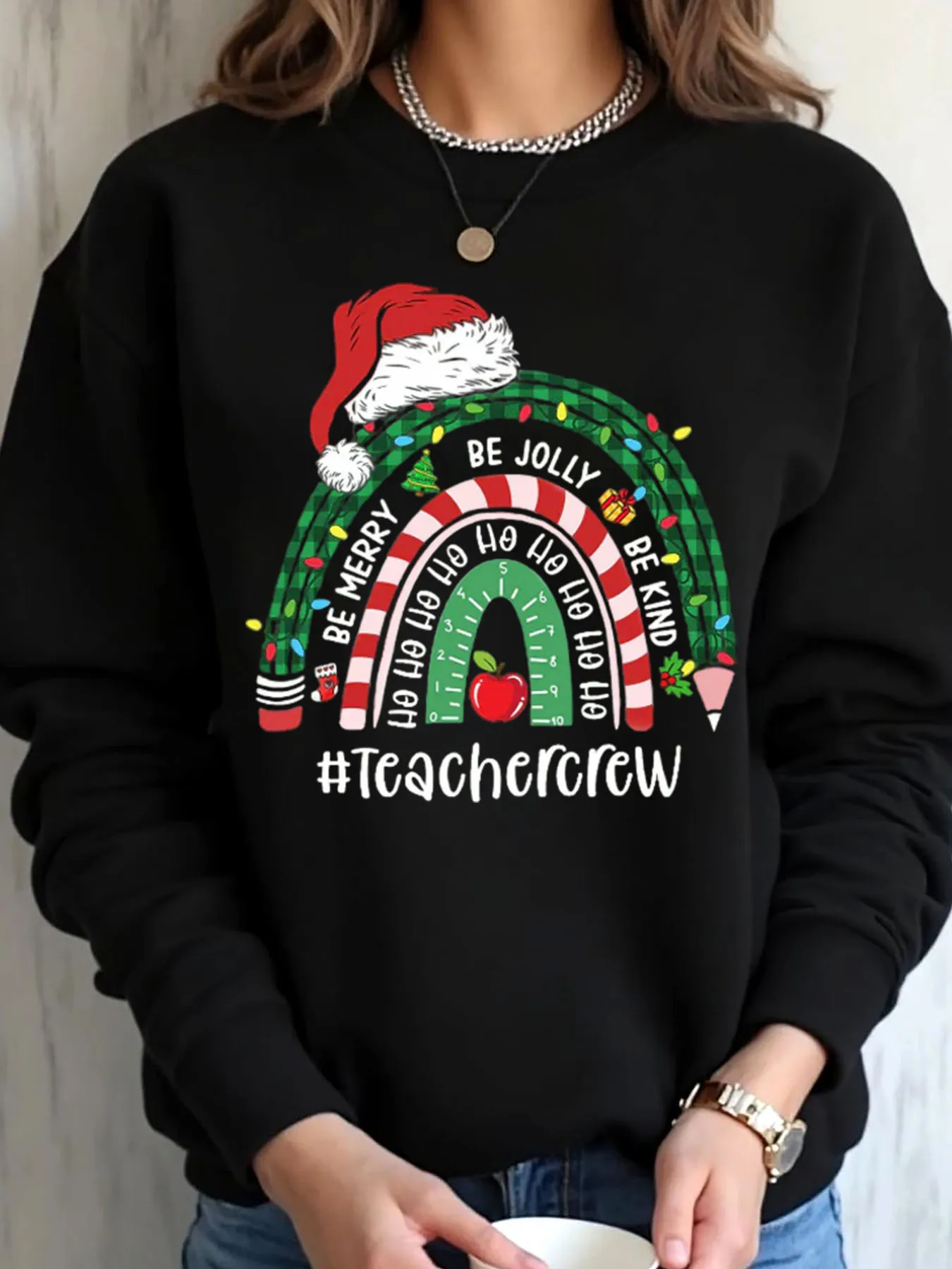Übergroßes Damen-Sweatshirt mit Weihnachts-Regenbogen-Lehrer-Crew-Aufdruck im Freien