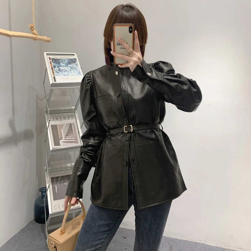 Veste en cuir véritable pour femmes, manches bouffantes solides, à lacets, tanné végétal, manteaux, ceinture, élégant, Streetwear d'automne 2022, CL4031