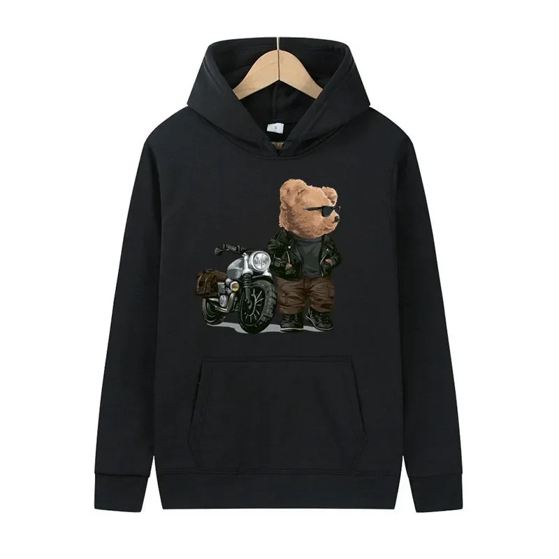 Classic Motorcycle Teddy Bear Wearing Sunglasses Graphic Men's and Women's Long-sleeved Hoodie Pullover Couple Y2k Sweatshirt