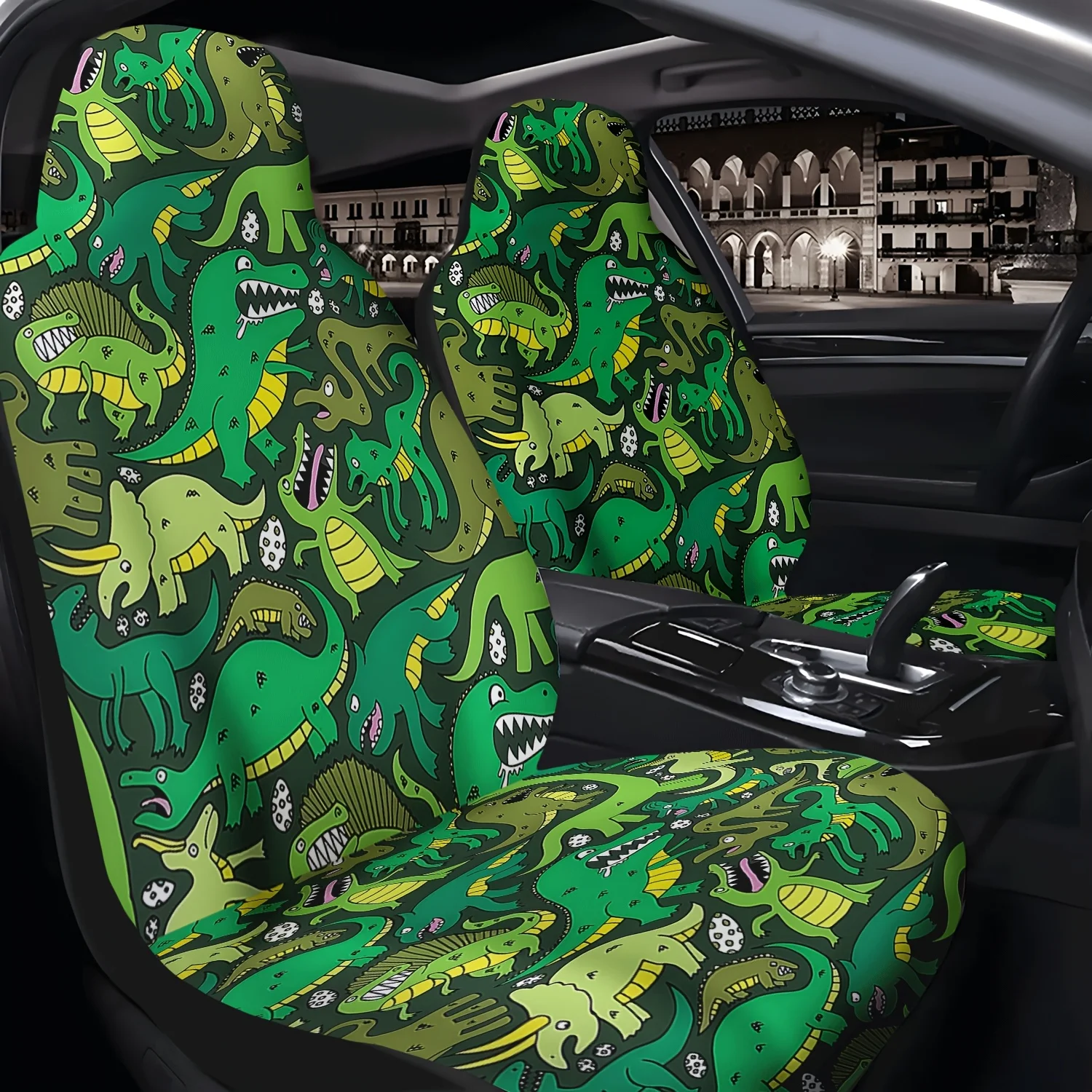 Set Of 2 Front Seat Covers For Cars Featuring Cartoon Dinosaur Prints, Suitable For Sedans, Suvs, And Trucks. Durable Polyester