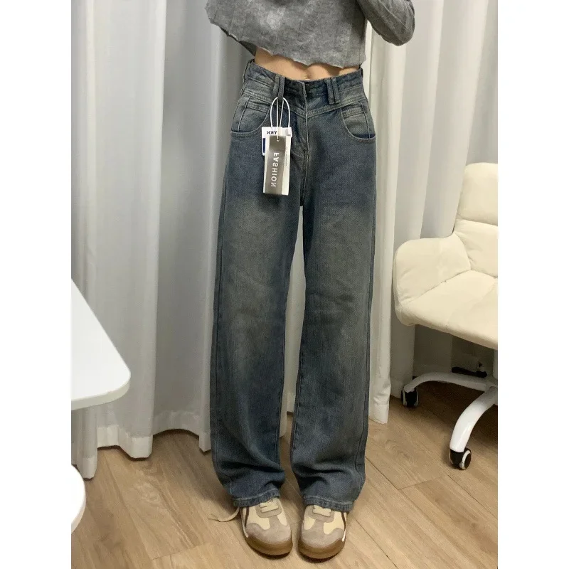 Plus Size High-Waisted Fleece-Lined Wide-Leg Jeans For Women New Arrival Slimming Straight-Leg Pants Petite Floor-Length Trouser