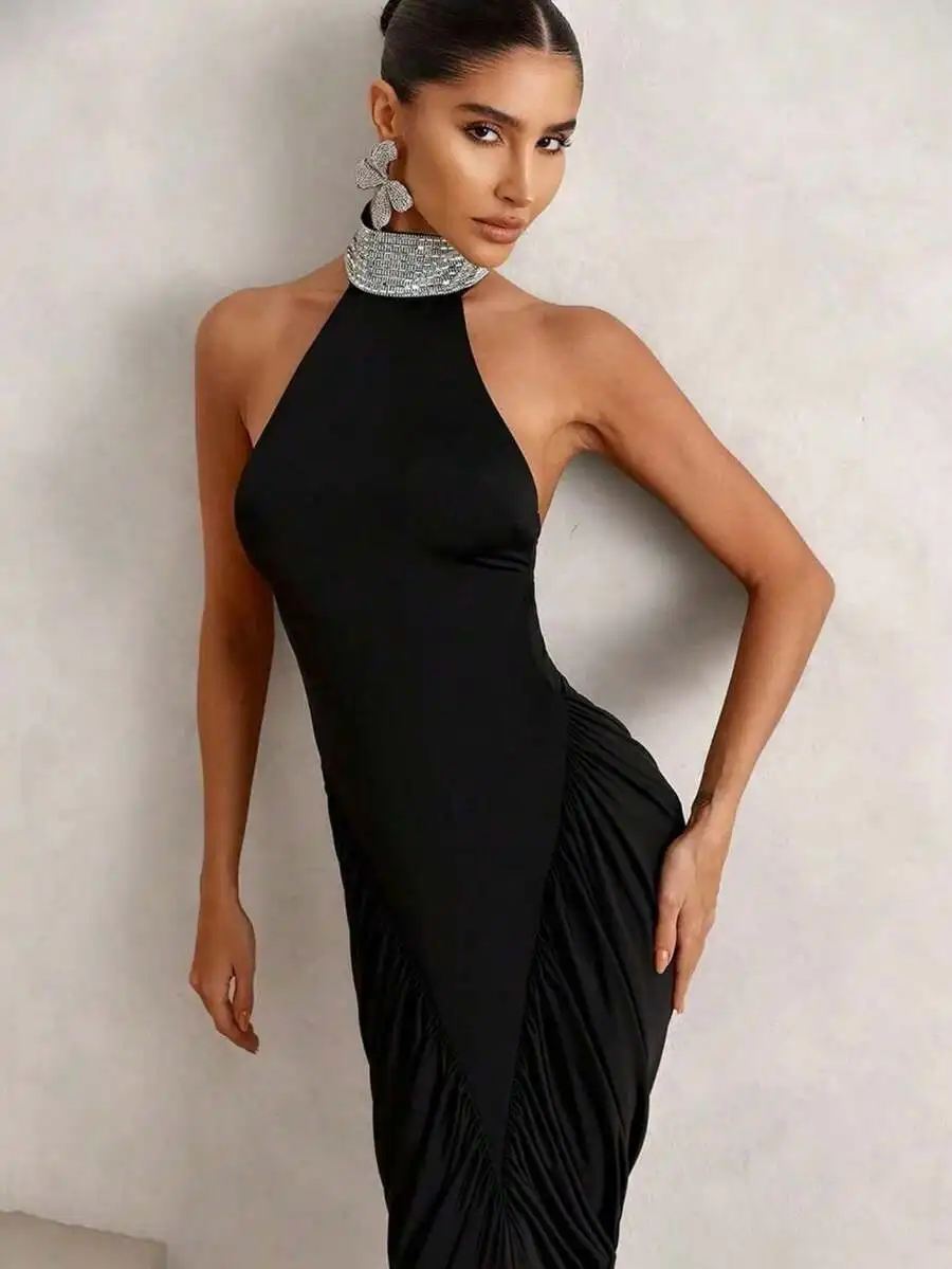 

Draped Halter Evening Gown With Ruched Detail For Cocktail Party Gala