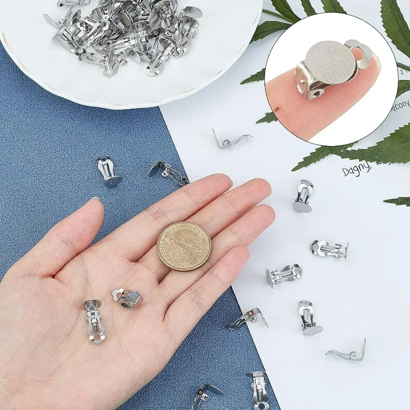 50pcs Stainless Steel Clip-on Earring Findings Flat Round Blank Tray Earrings Non-Pierced DIY Earrings Metal Earring Converters